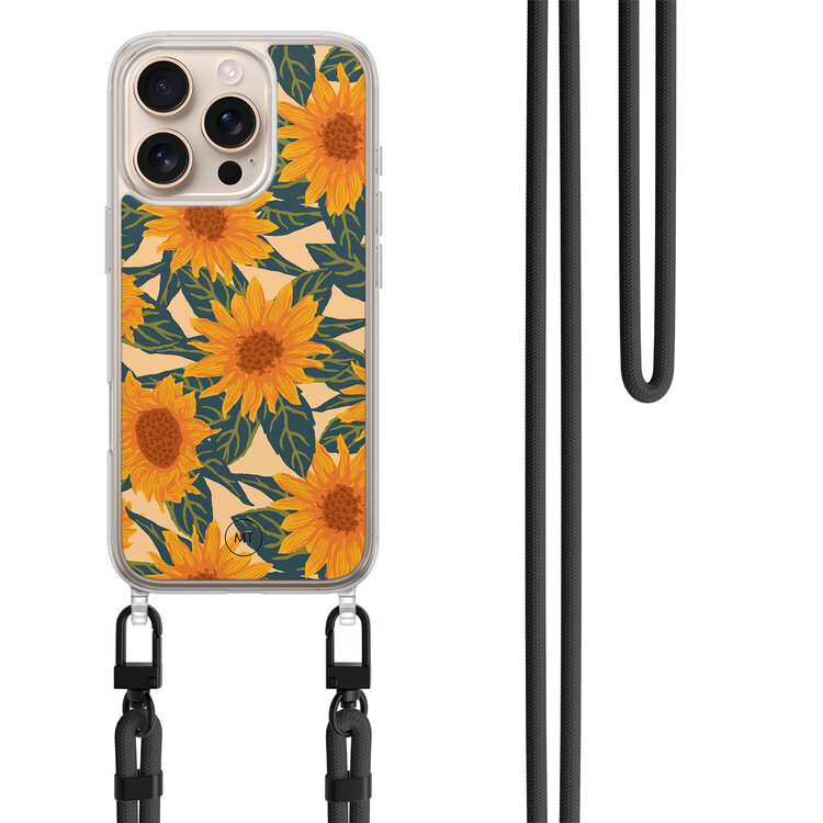 Mooie Telefoonhoesjes iPhone 16 Pro hoesje met zwart koord - Zonnebloemen