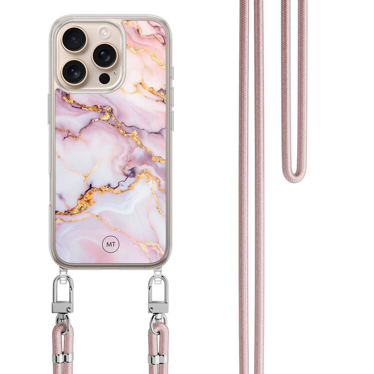 Mooie Telefoonhoesjes iPhone 16 Pro Max hoesje met rosegoud koord - Marble pink