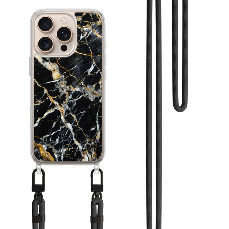 Mooie Telefoonhoesjes iPhone 16 Pro Max hoesje met zwart koord - Black marble elegance