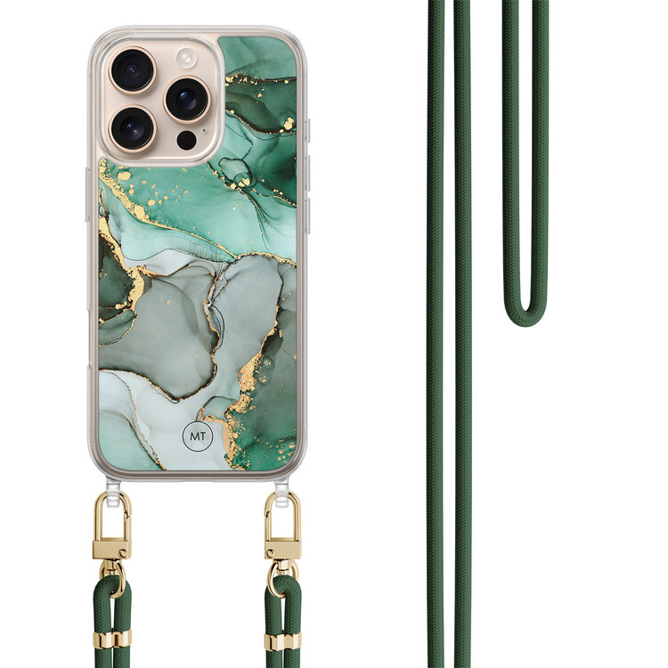 Mooie Telefoonhoesjes iPhone 16 Pro Max hoesje met groen koord - Groen grijs marmer