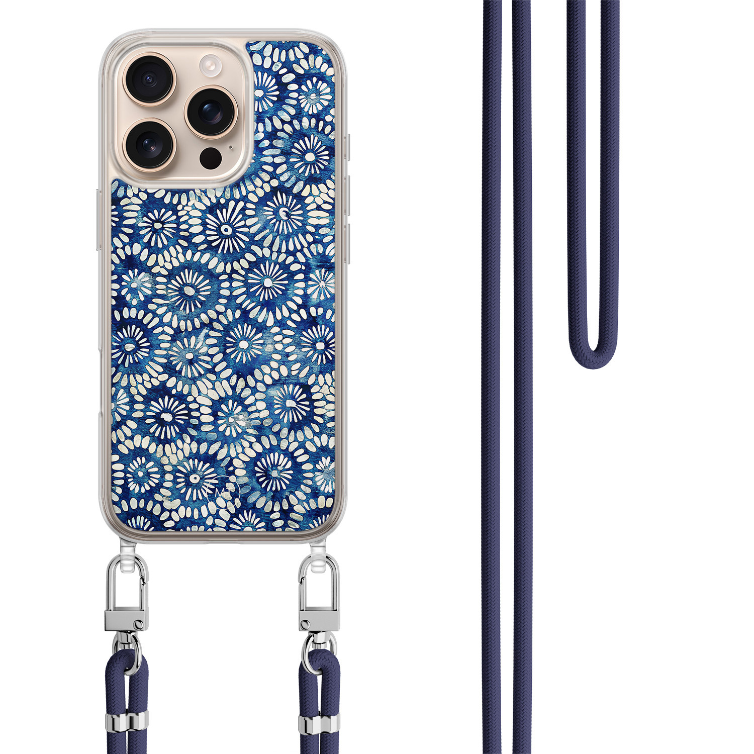 Mooie Telefoonhoesjes iPhone 16 Pro Max hoesje met donkerblauw koord - Azure daisies