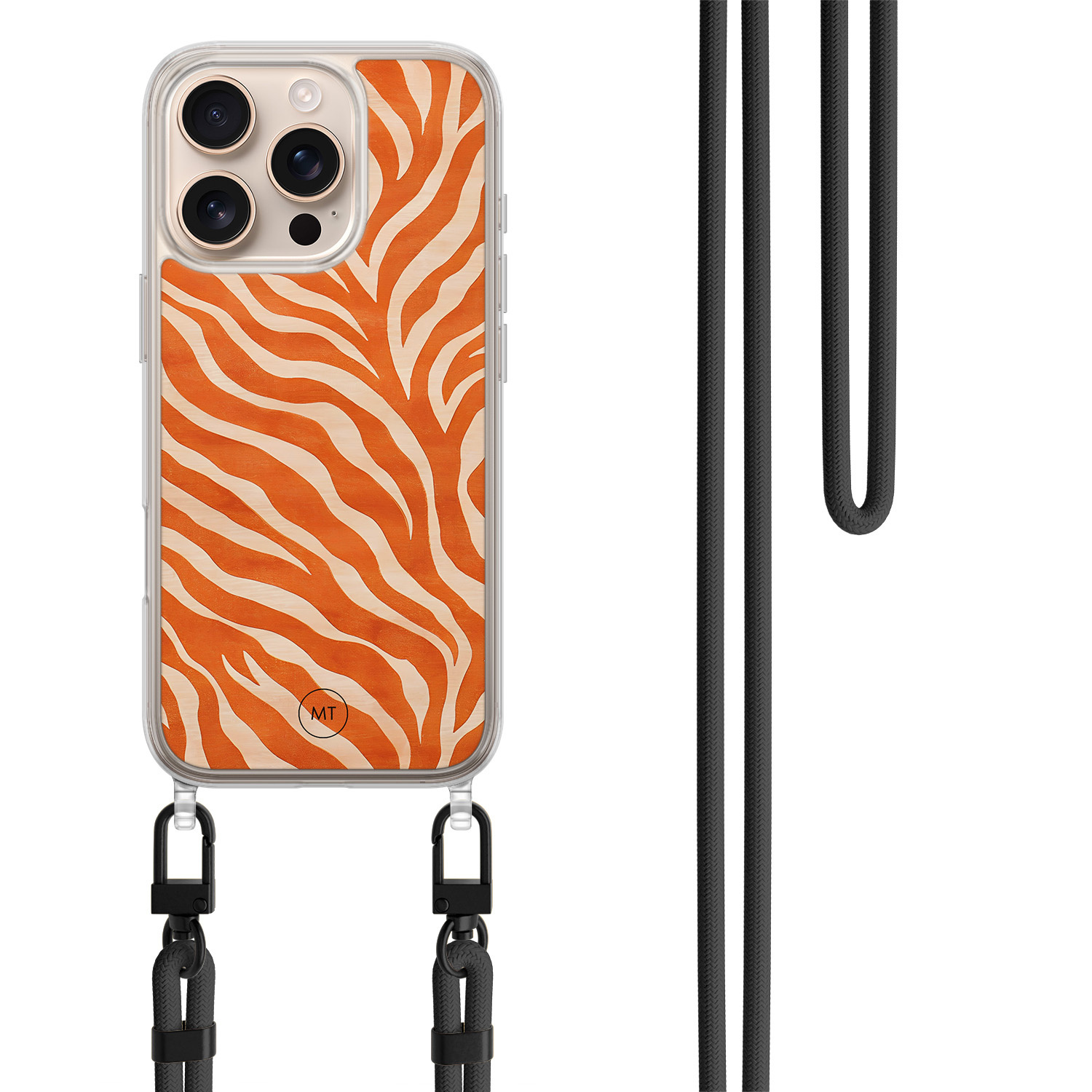 Mooie Telefoonhoesjes iPhone 16 Pro Max hoesje met zwart koord - Zebra oranje