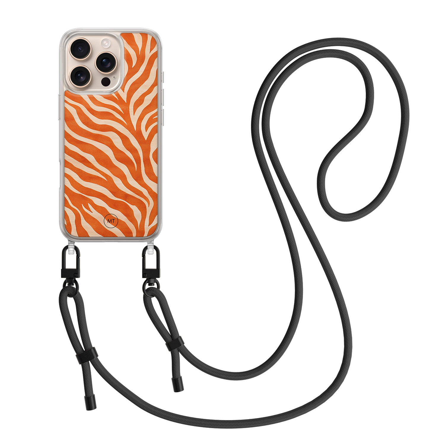 Mooie Telefoonhoesjes iPhone 16 Pro Max hoesje met zwart koord - Zebra oranje