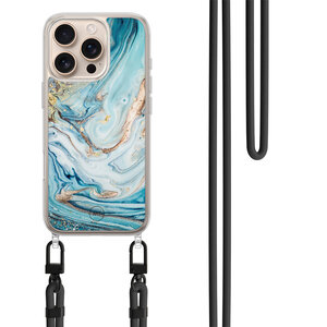 Mooie Telefoonhoesjes iPhone 16 Pro Max hoesje met zwart koord - Marmer blauw goud