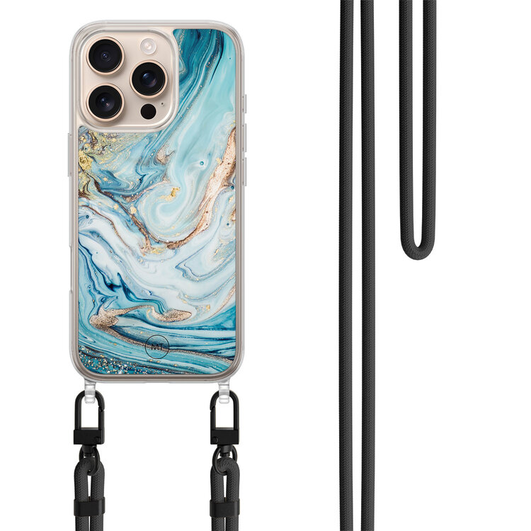Mooie Telefoonhoesjes iPhone 16 Pro Max hoesje met zwart koord - Marmer blauw goud
