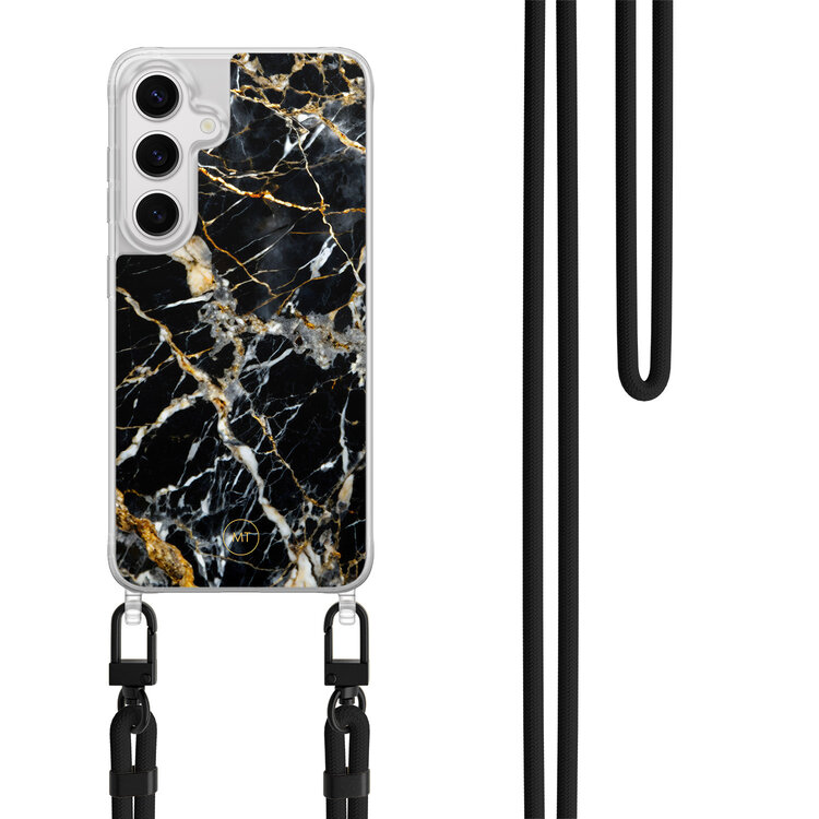 Mooie Telefoonhoesjes Samsung Galaxy S24 hoesje met zwart koord - Black marble elegance