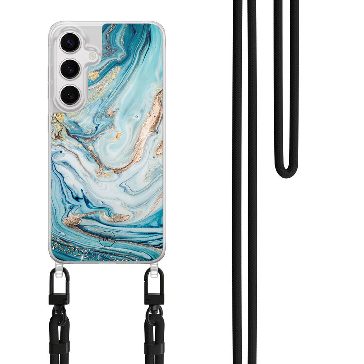 Mooie Telefoonhoesjes Samsung Galaxy S24 hoesje met zwart koord - Marmer blauw goud