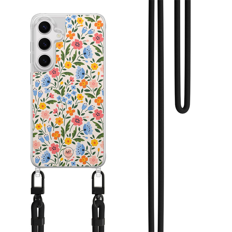 Mooie Telefoonhoesjes Samsung Galaxy S24 hoesje met zwart koord - Romantische bloemen