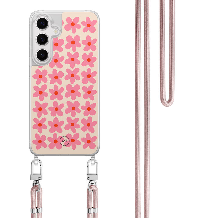Mooie Telefoonhoesjes Samsung Galaxy S24 hoesje met rosegoud koord - Retro blooms