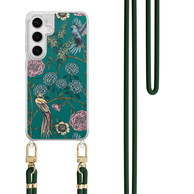Mooie Telefoonhoesjes Samsung Galaxy S24 hoesje met groen koord - Bloomy birds