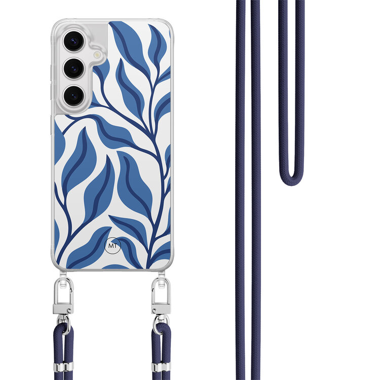 Mooie Telefoonhoesjes Samsung Galaxy S24 hoesje met donkerblauw koord - Blue leaves