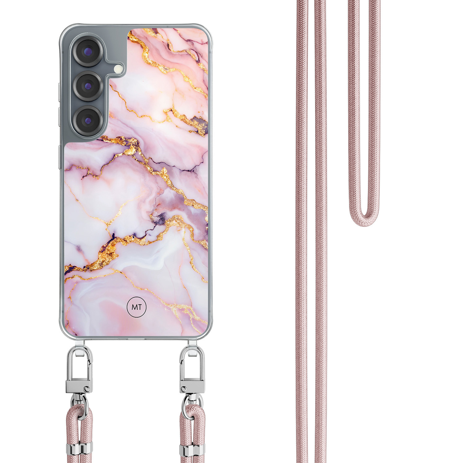 Mooie Telefoonhoesjes Samsung Galaxy S25 hoesje met rosegoud koord - Marble pink