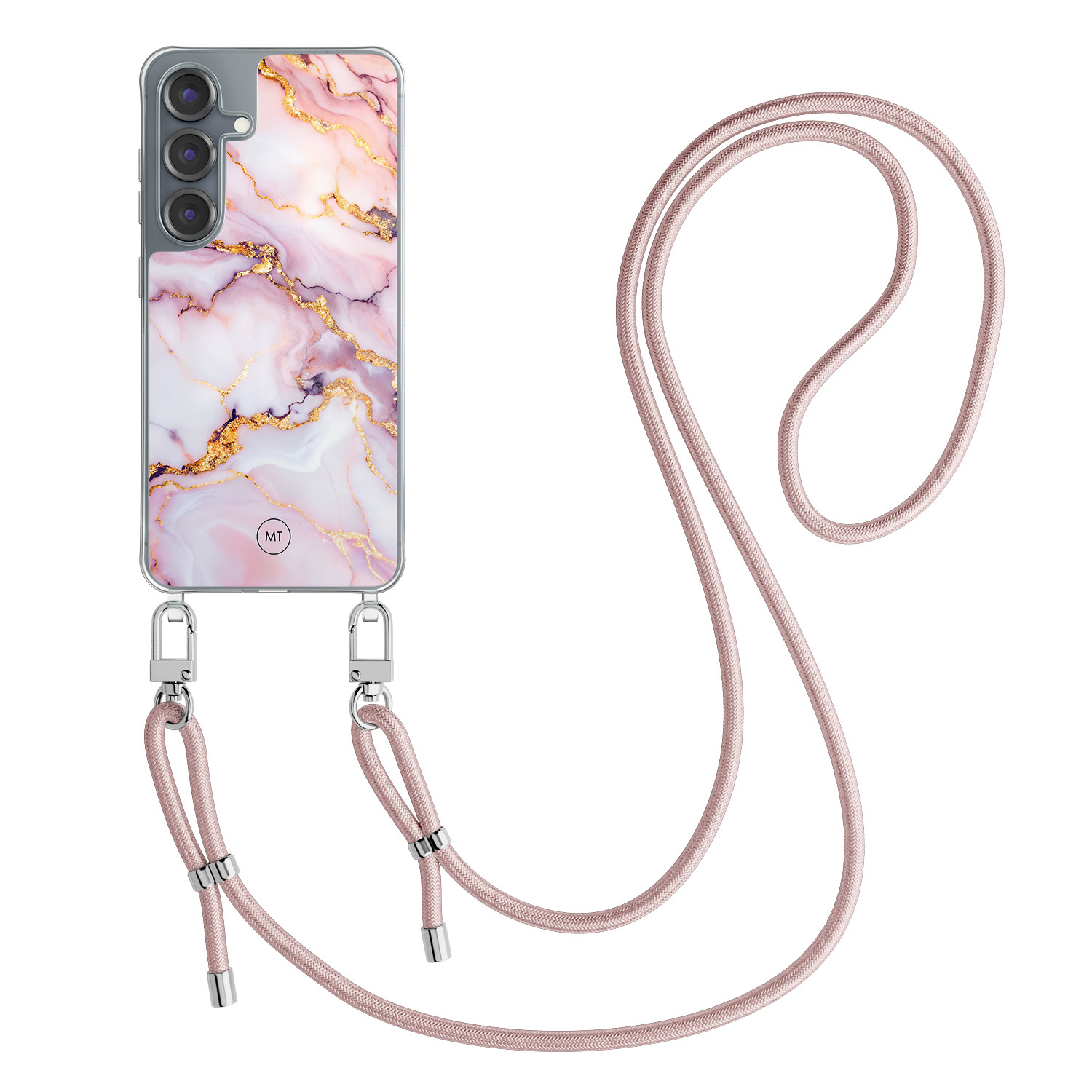 Mooie Telefoonhoesjes Samsung Galaxy S25 hoesje met rosegoud koord - Marble pink