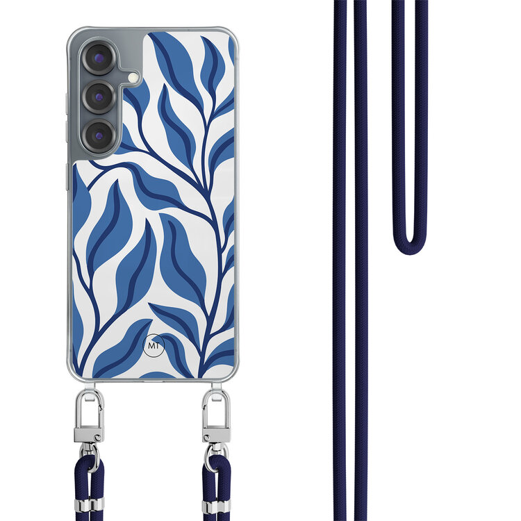 Mooie Telefoonhoesjes Samsung Galaxy S25 hoesje met donkerblauw koord - Blue leaves