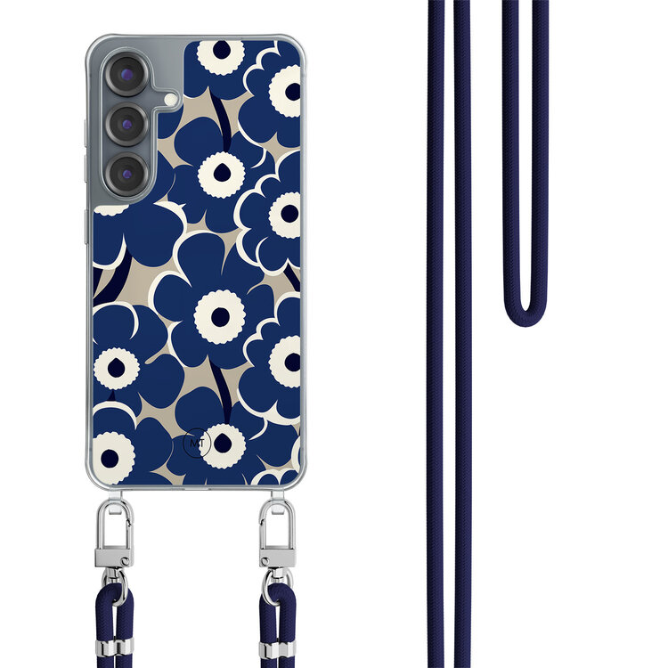 Mooie Telefoonhoesjes Samsung Galaxy S25 hoesje met donkerblauw koord - Abstract bloom