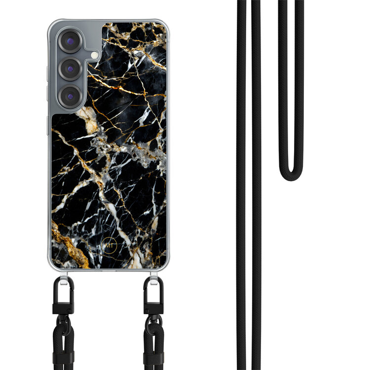 Mooie Telefoonhoesjes Samsung Galaxy S25 hoesje met zwart koord - Black marble elegance