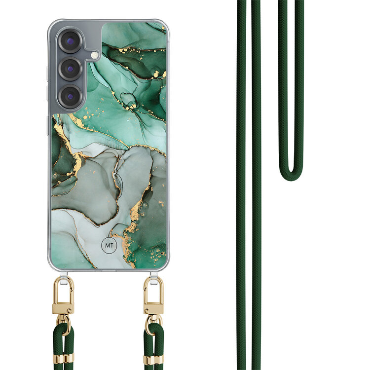 Mooie Telefoonhoesjes Samsung Galaxy S25 hoesje met groen koord - Groen grijs marmer