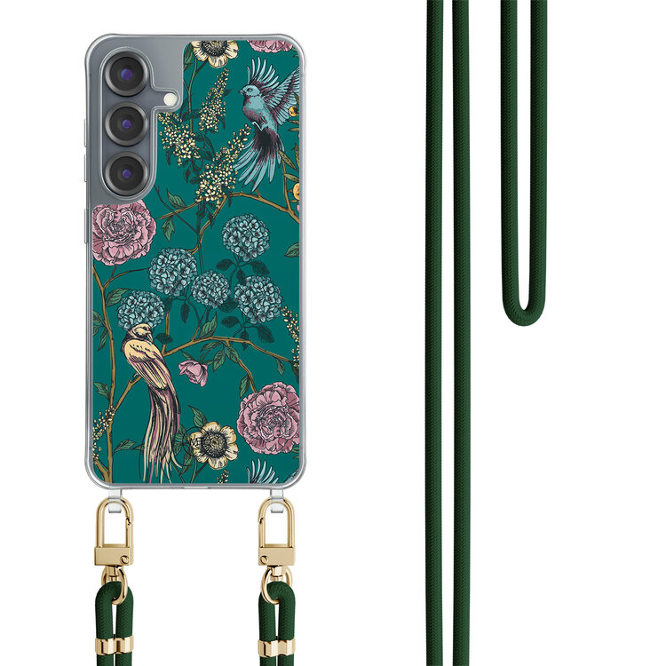 Mooie Telefoonhoesjes Samsung Galaxy S25 hoesje met groen koord - Bloomy birds