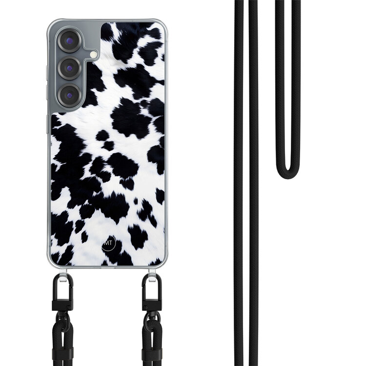 Mooie Telefoonhoesjes Samsung Galaxy S25 hoesje met zwart koord - Koeienprint