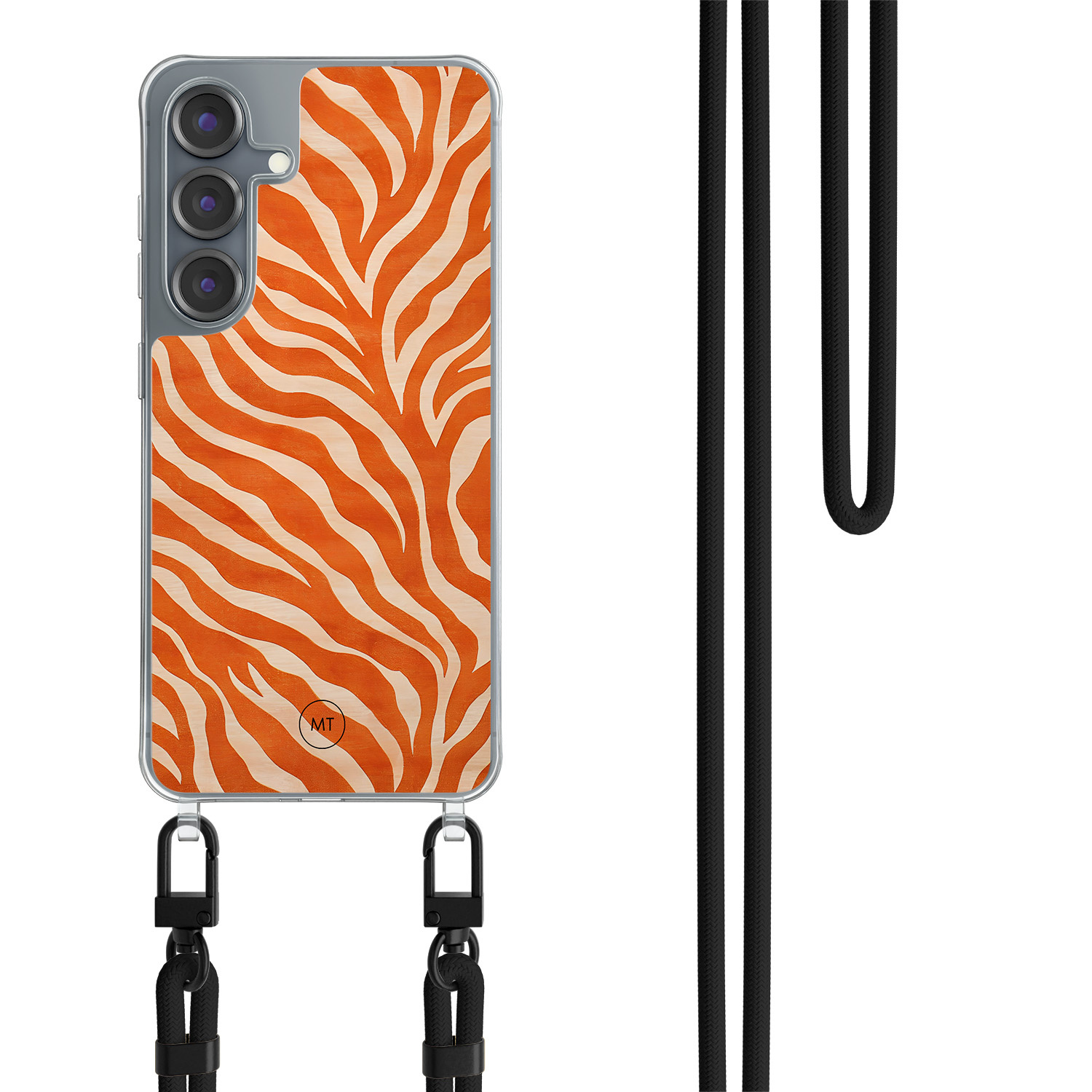 Mooie Telefoonhoesjes Samsung Galaxy S25 hoesje met zwart koord - Zebra oranje