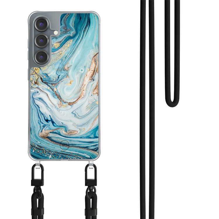 Mooie Telefoonhoesjes Samsung Galaxy S25 hoesje met zwart koord - Marmer blauw goud