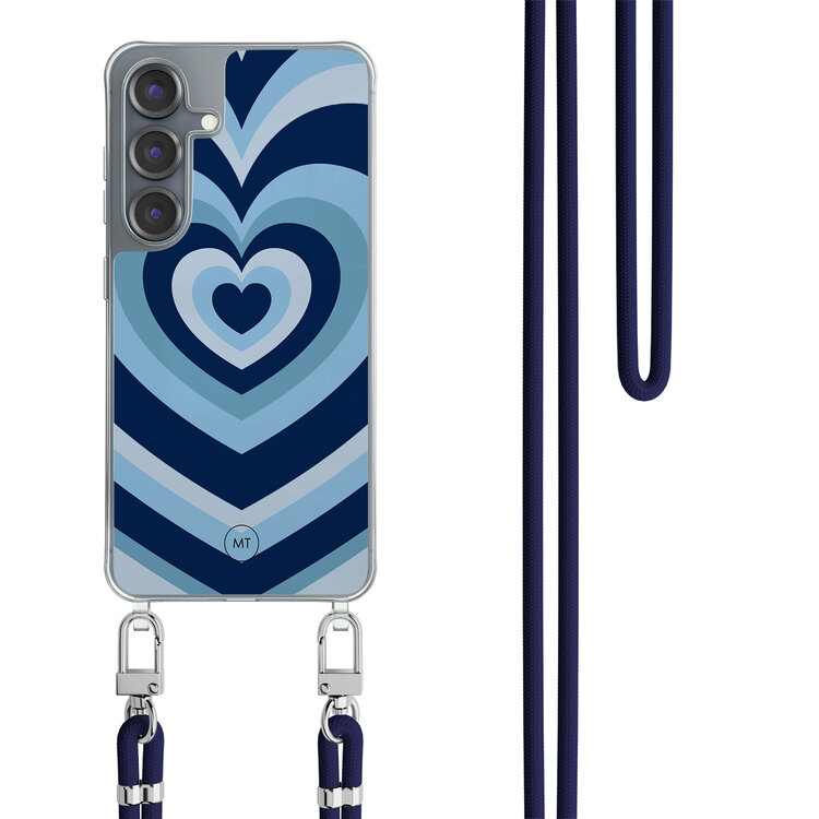 Mooie Telefoonhoesjes Samsung Galaxy S25 hoesje met donkerblauw koord - Hart blauw