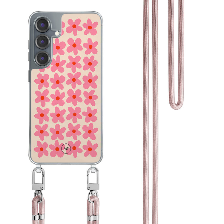 Mooie Telefoonhoesjes Samsung Galaxy S25 hoesje met rosegoud koord - Retro blooms