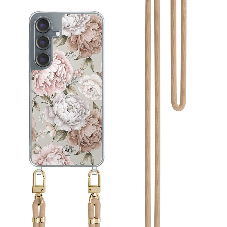 Mooie Telefoonhoesjes Samsung Galaxy S25 hoesje met beige koord - Klassieke bloemen
