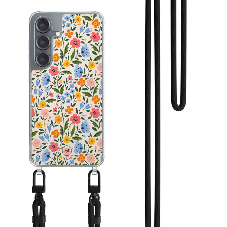 Mooie Telefoonhoesjes Samsung Galaxy S25 hoesje met zwart koord - Romantische bloemen