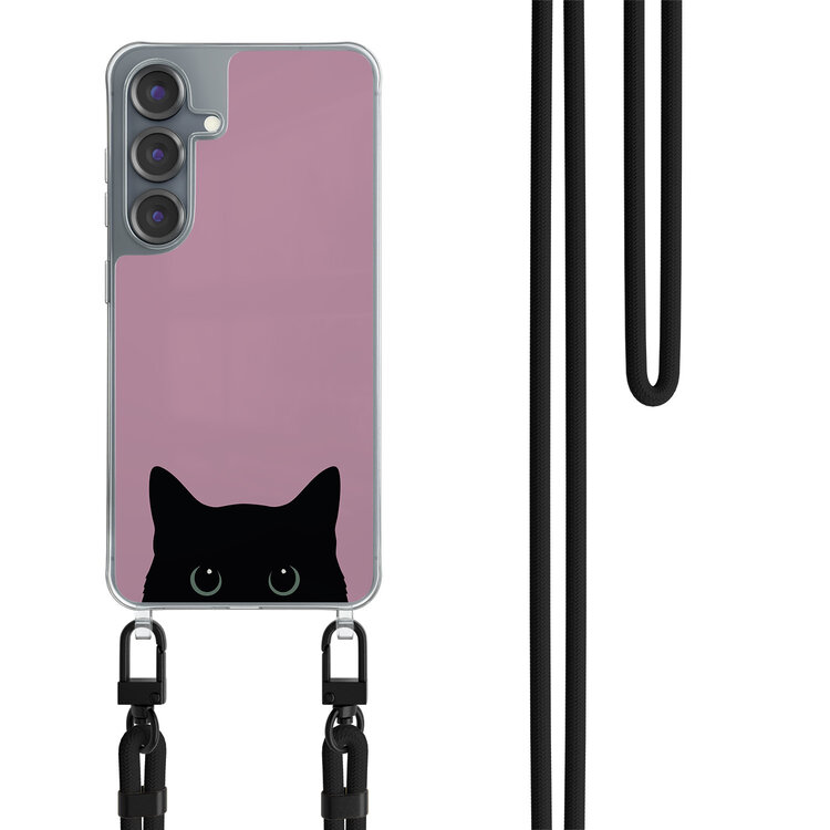 Mooie Telefoonhoesjes Samsung Galaxy S25 hoesje met zwart koord - Zwarte kat