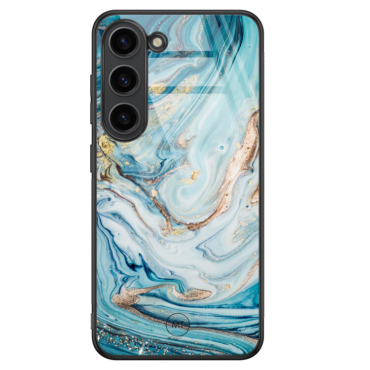 Mooie Telefoonhoesjes Samsung Galaxy S23 hoesje glas - Marmer blauw goud