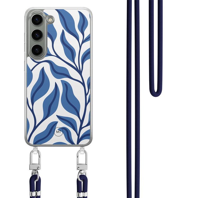 Mooie Telefoonhoesjes Samsung Galaxy S23 hoesje met donkerblauw koord - Blue leaves