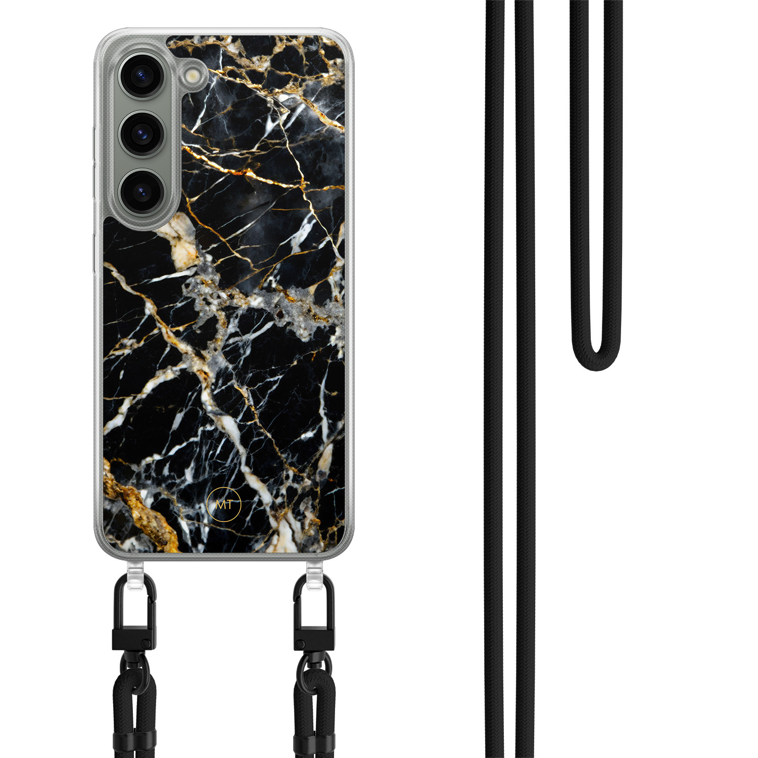 Mooie Telefoonhoesjes Samsung Galaxy S23 hoesje met zwart koord - Black marble elegance
