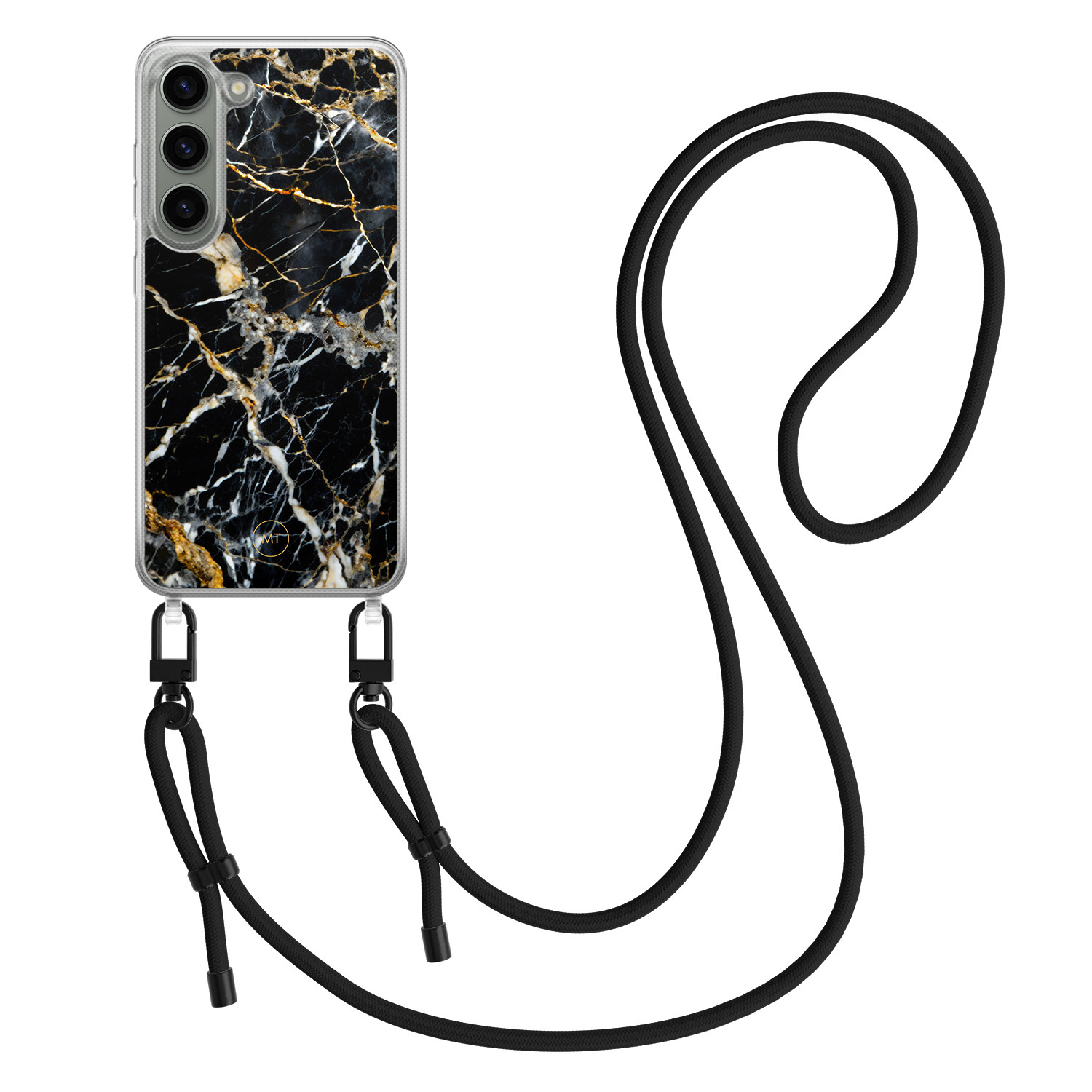 Mooie Telefoonhoesjes Samsung Galaxy S23 hoesje met zwart koord - Black marble elegance