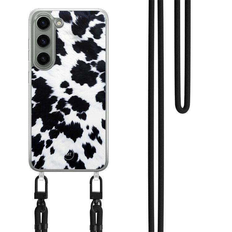 Mooie Telefoonhoesjes Samsung Galaxy S23 hoesje met zwart koord - Koeienprint