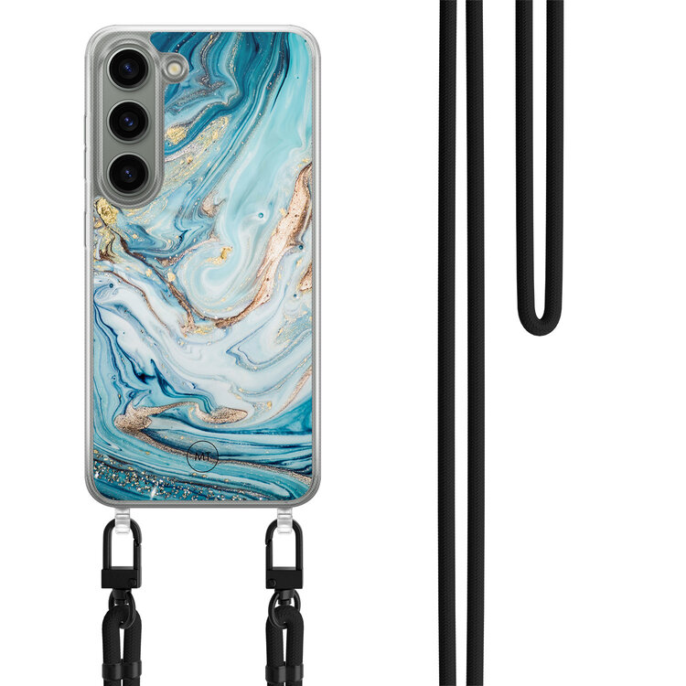 Mooie Telefoonhoesjes Samsung Galaxy S23 hoesje met zwart koord - Marmer blauw goud
