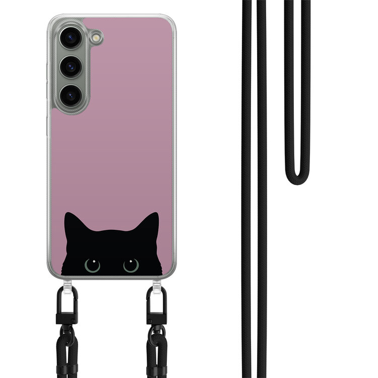 Mooie Telefoonhoesjes Samsung Galaxy S23 hoesje met zwart koord - Zwarte kat
