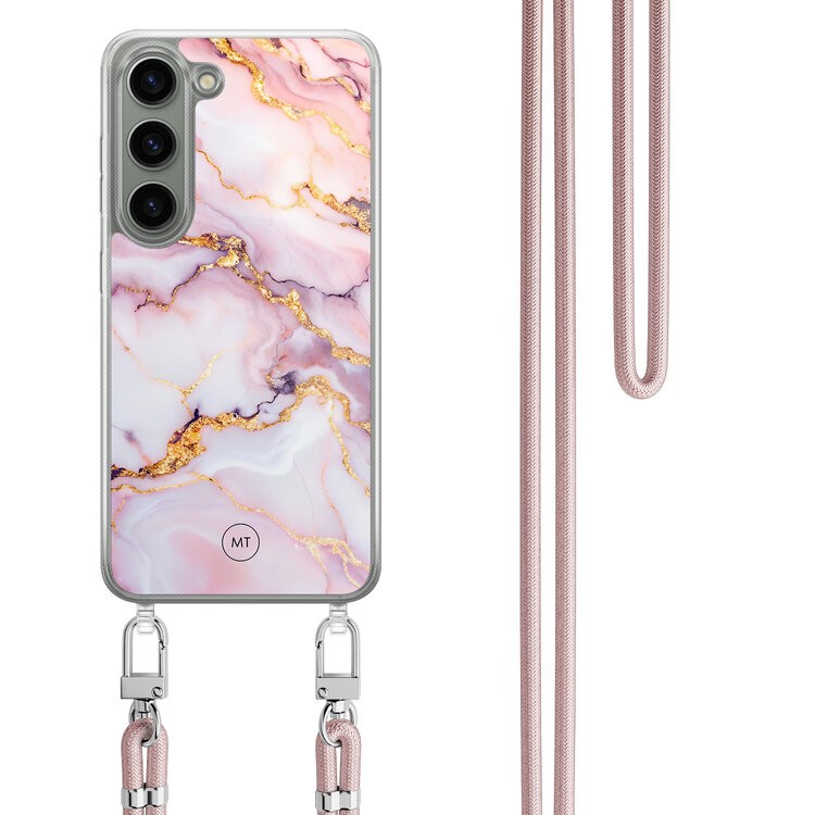 Mooie Telefoonhoesjes Samsung Galaxy S23 hoesje met rosegoud koord - Marble pink