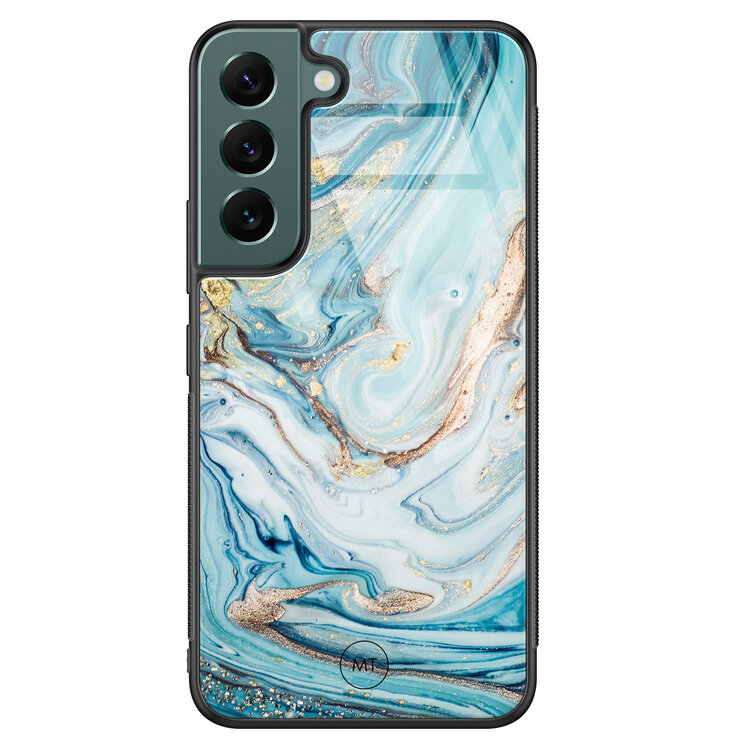 Mooie Telefoonhoesjes Samsung Galaxy S22 hoesje glas - Marmer blauw goud
