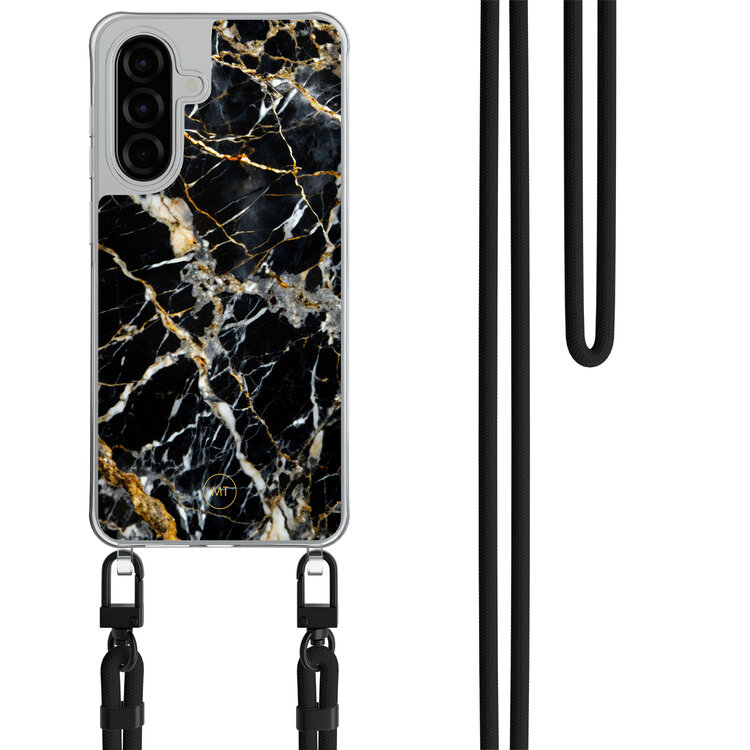Mooie Telefoonhoesjes Samsung Galaxy A56 hoesje met zwart koord - Black marble elegance