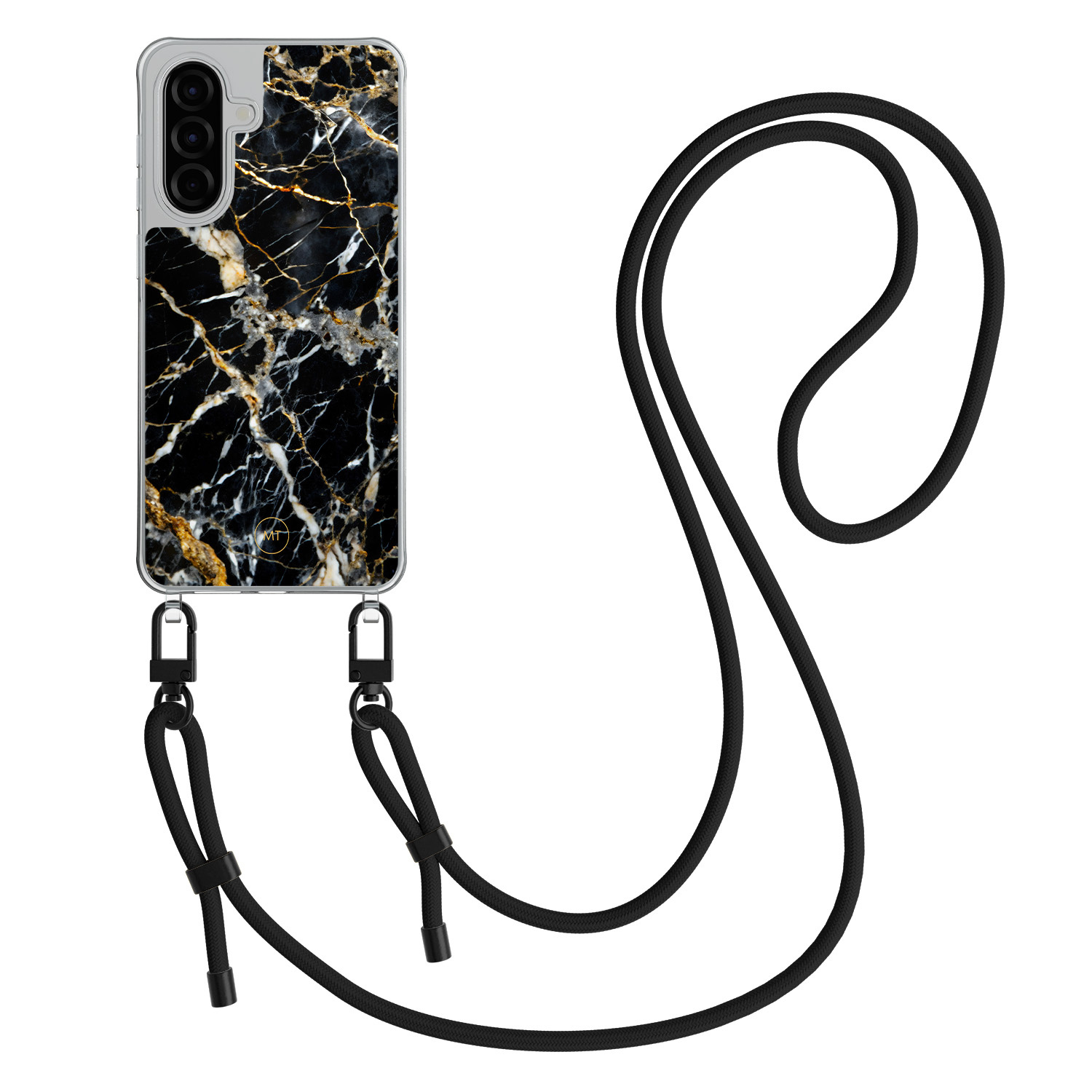 Mooie Telefoonhoesjes Samsung Galaxy A56 hoesje met zwart koord - Black marble elegance