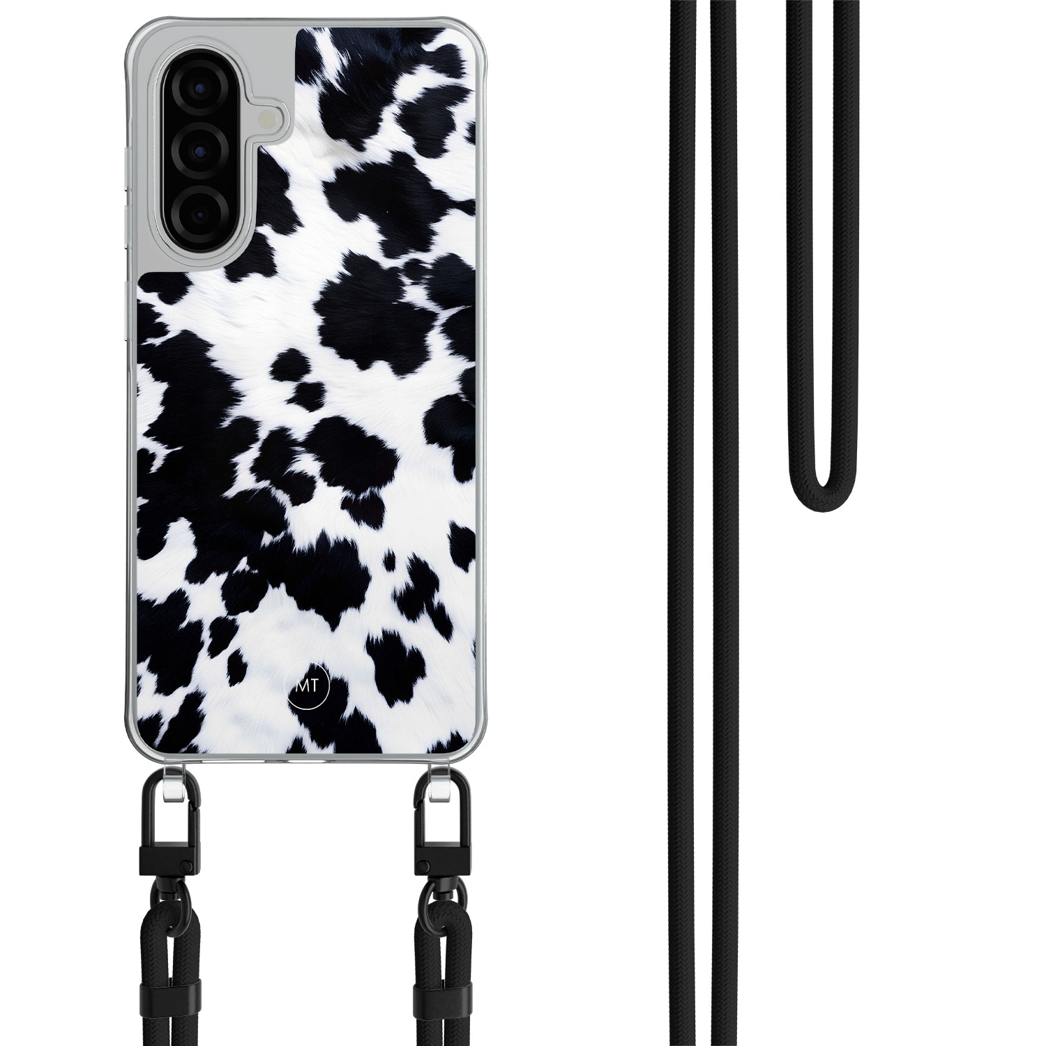 Mooie Telefoonhoesjes Samsung Galaxy A56 hoesje met zwart koord - Koeienprint