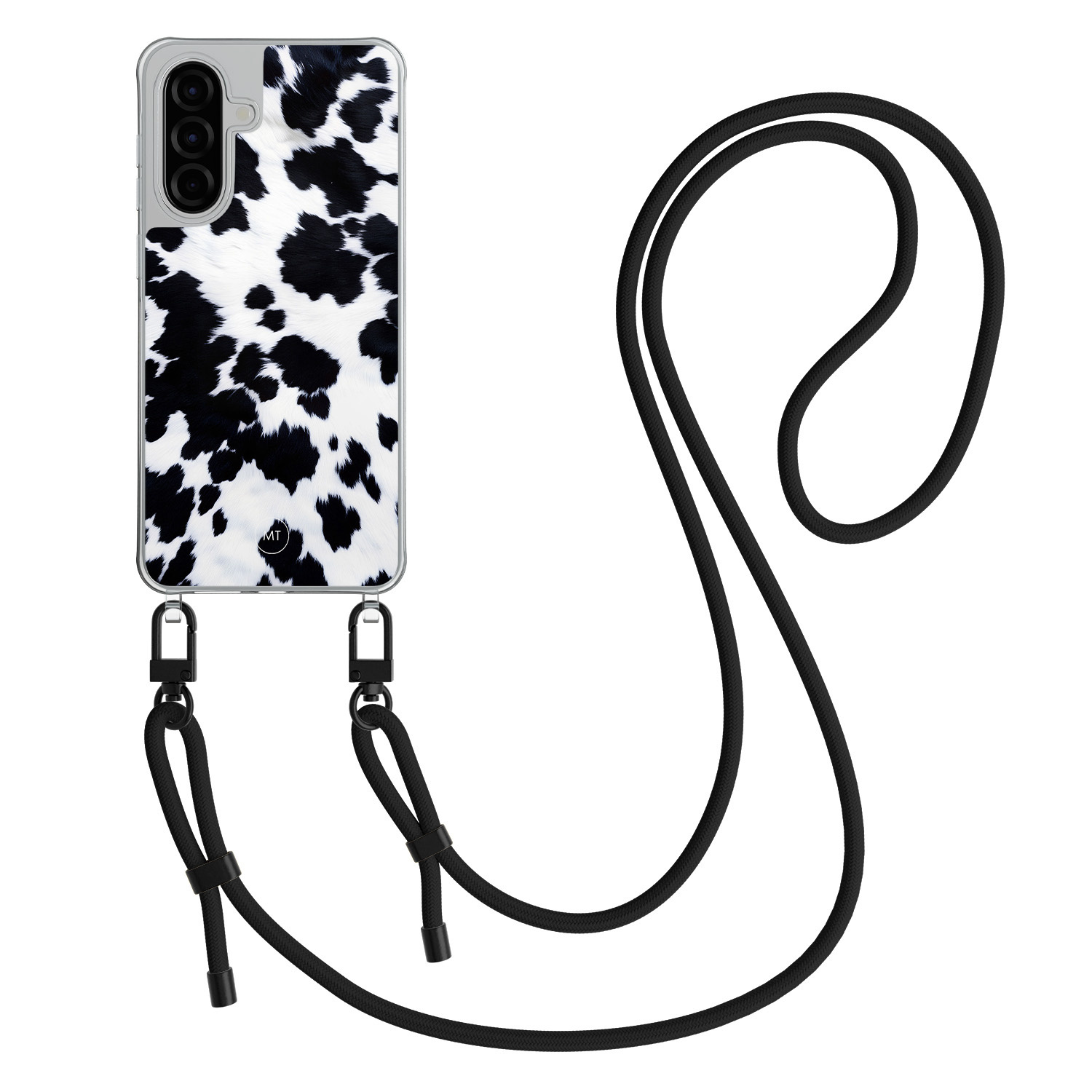 Mooie Telefoonhoesjes Samsung Galaxy A36 hoesje met zwart koord - Koeienprint