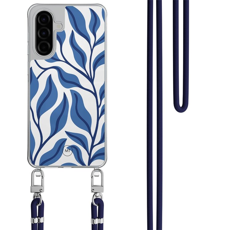 Mooie Telefoonhoesjes Samsung Galaxy A26 hoesje met donkerblauw koord - Blue leaves