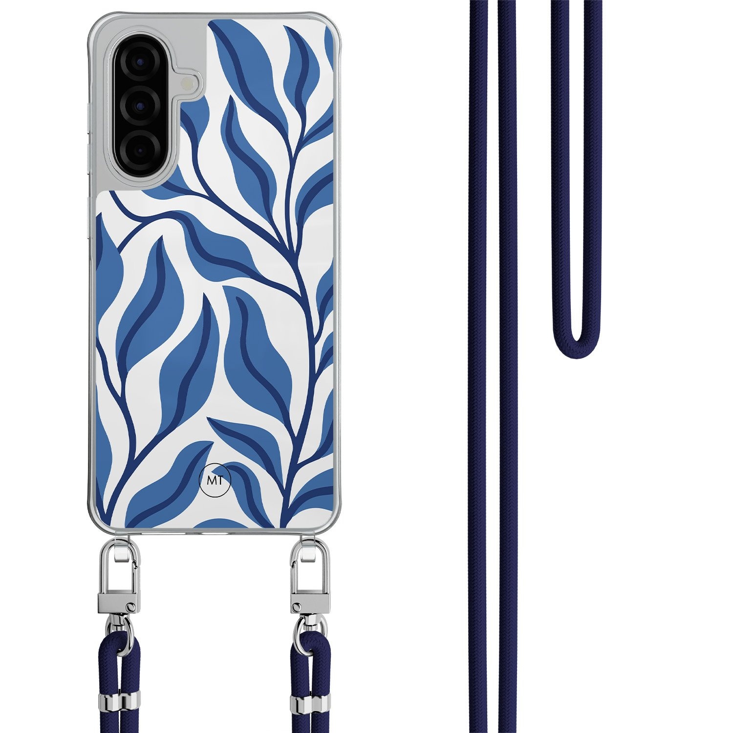 Mooie Telefoonhoesjes Samsung Galaxy A26 hoesje met donkerblauw koord - Blue leaves