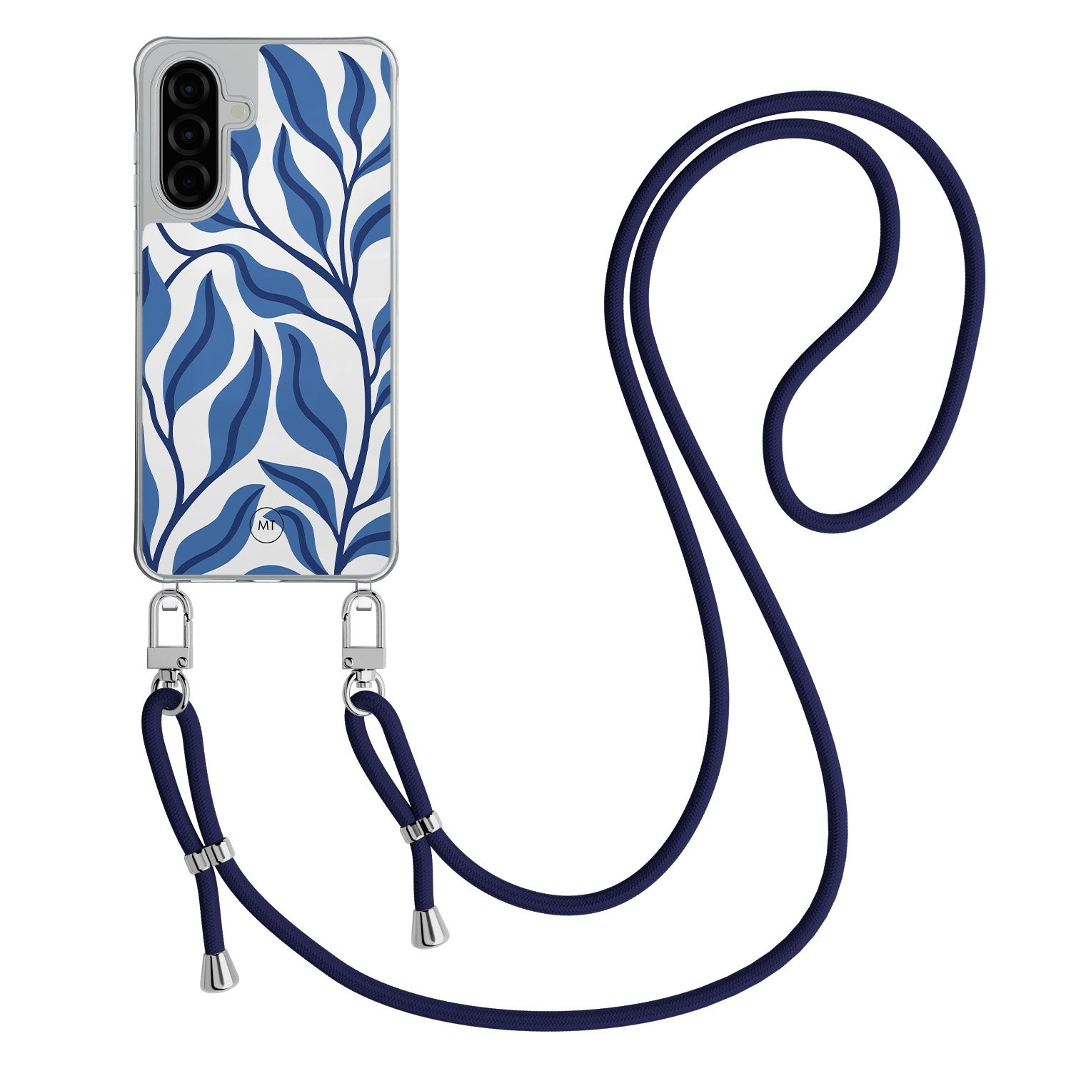 Mooie Telefoonhoesjes Samsung Galaxy A26 hoesje met donkerblauw koord - Blue leaves