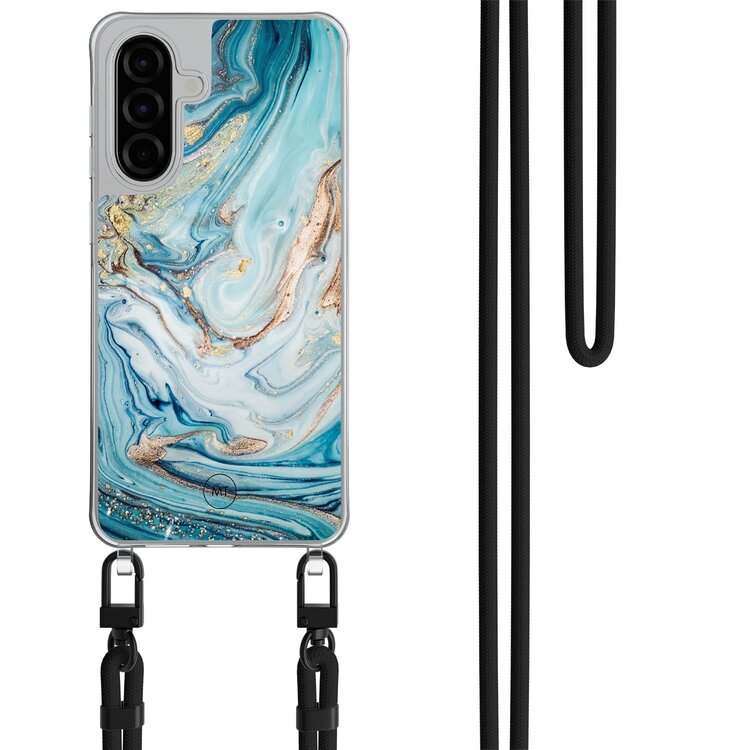 Mooie Telefoonhoesjes Samsung Galaxy A26 hoesje met zwart koord - Marmer blauw goud