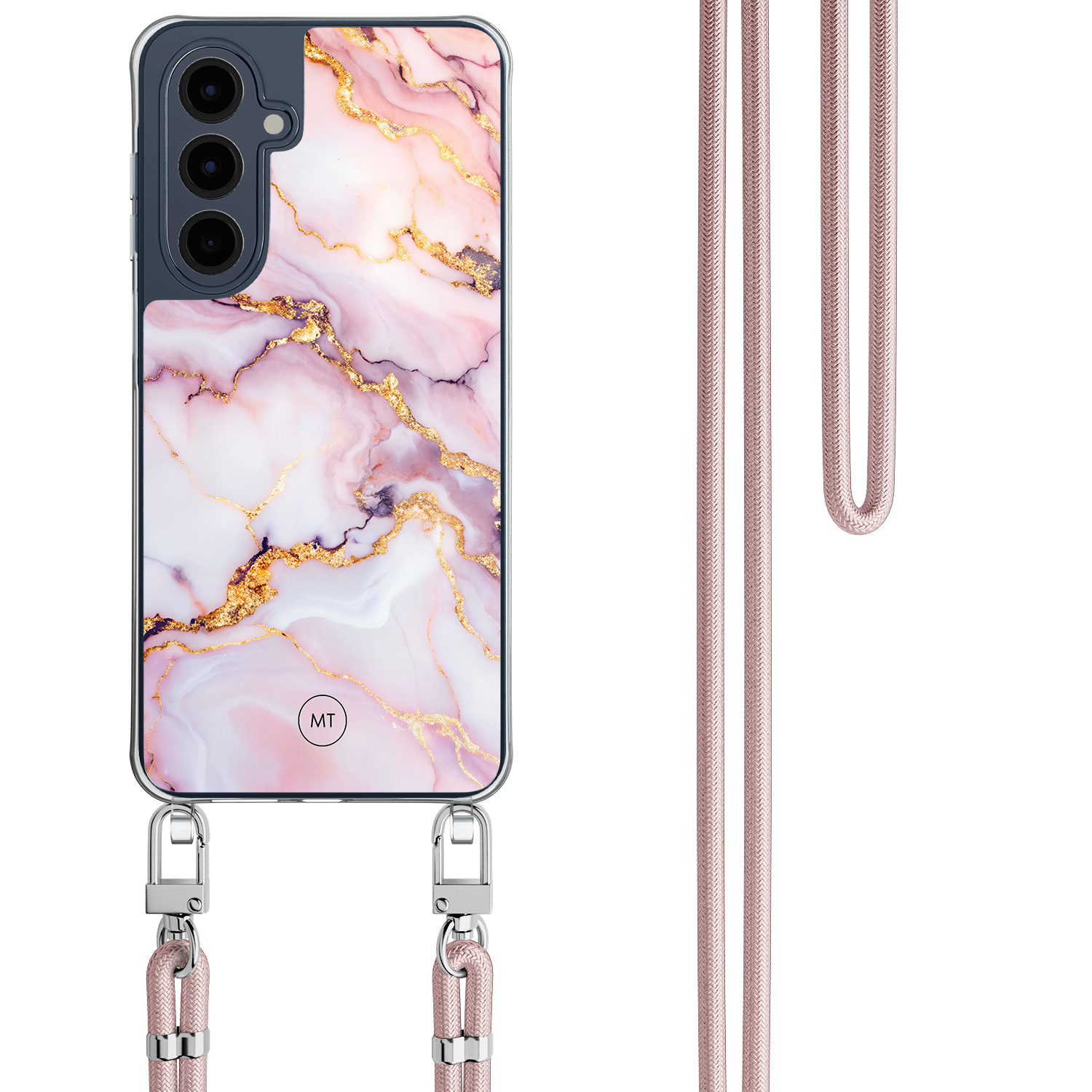 Mooie Telefoonhoesjes Samsung Galaxy A16 hoesje met rosegoud koord - Marble pink