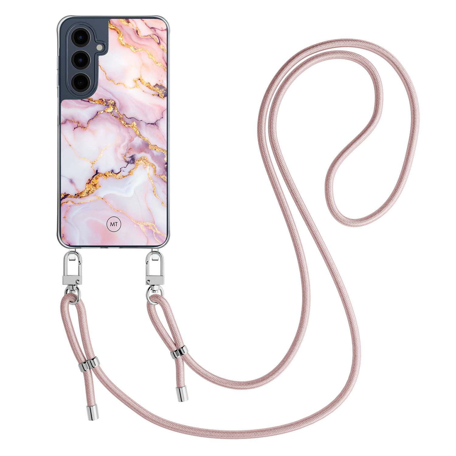 Mooie Telefoonhoesjes Samsung Galaxy A16 hoesje met rosegoud koord - Marble pink