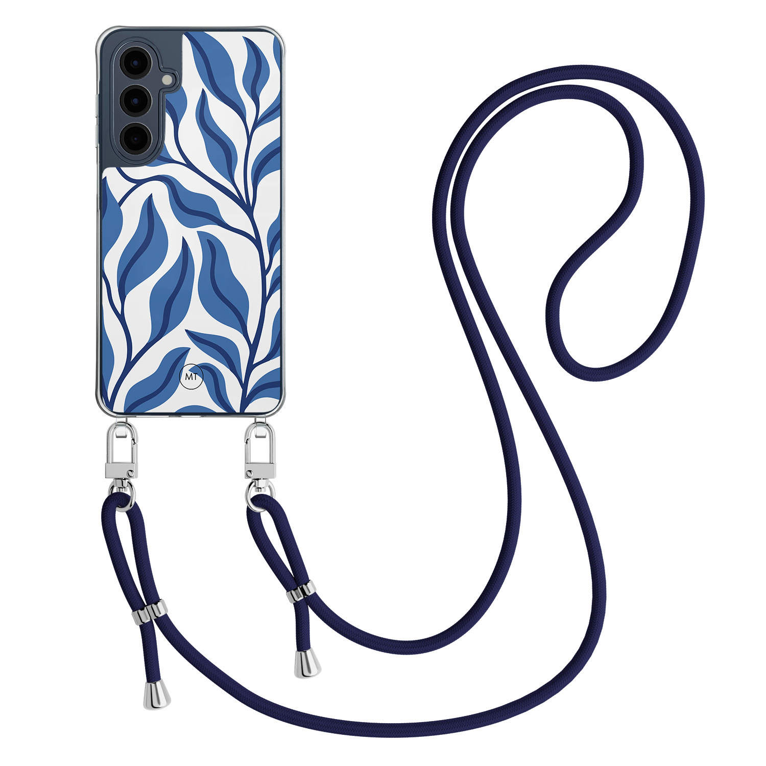 Mooie Telefoonhoesjes Samsung Galaxy A16 hoesje met donkerblauw koord - Blue leaves